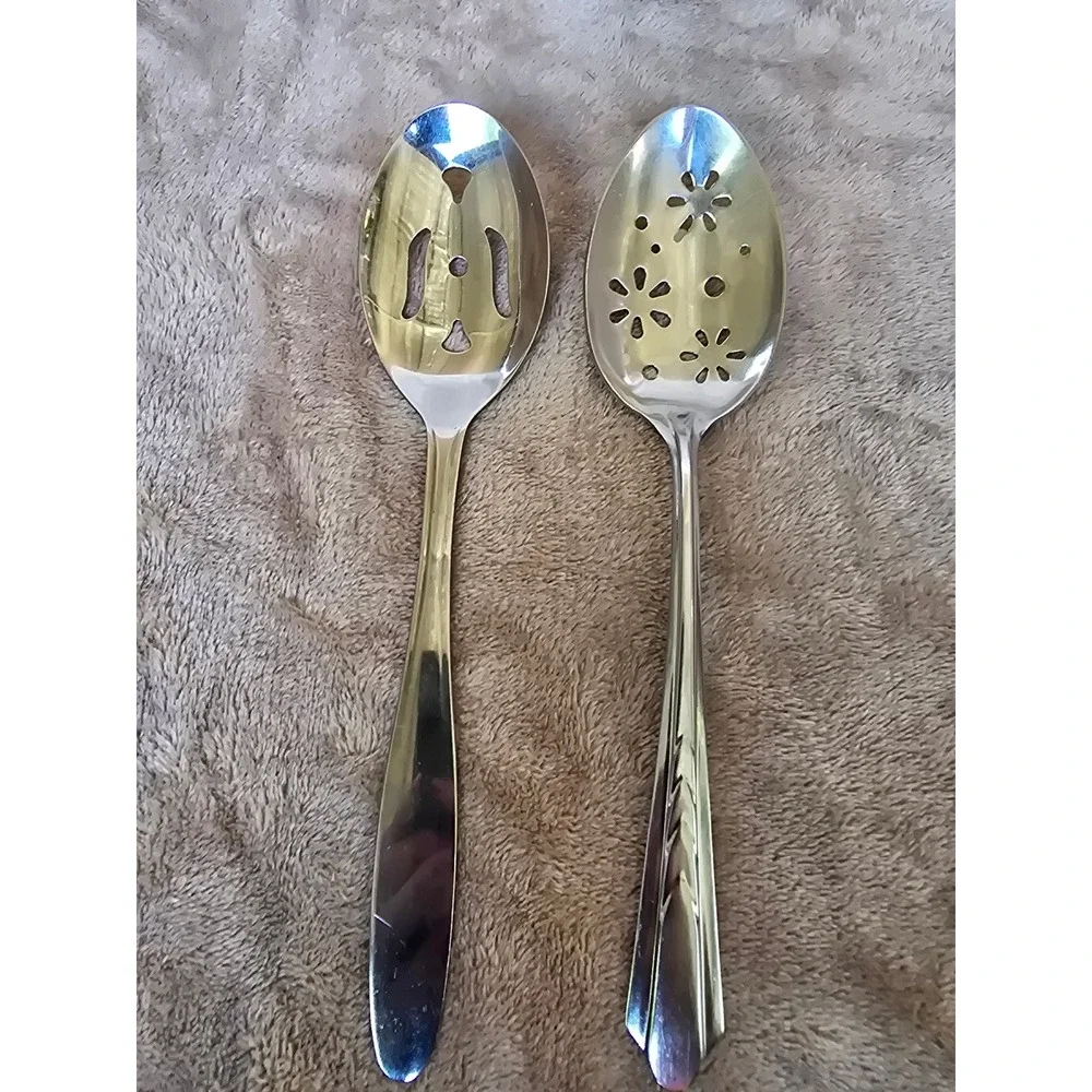Vintage EKCO Stainless USA Slotted Serving Spoons Set Floral Geometric Silver